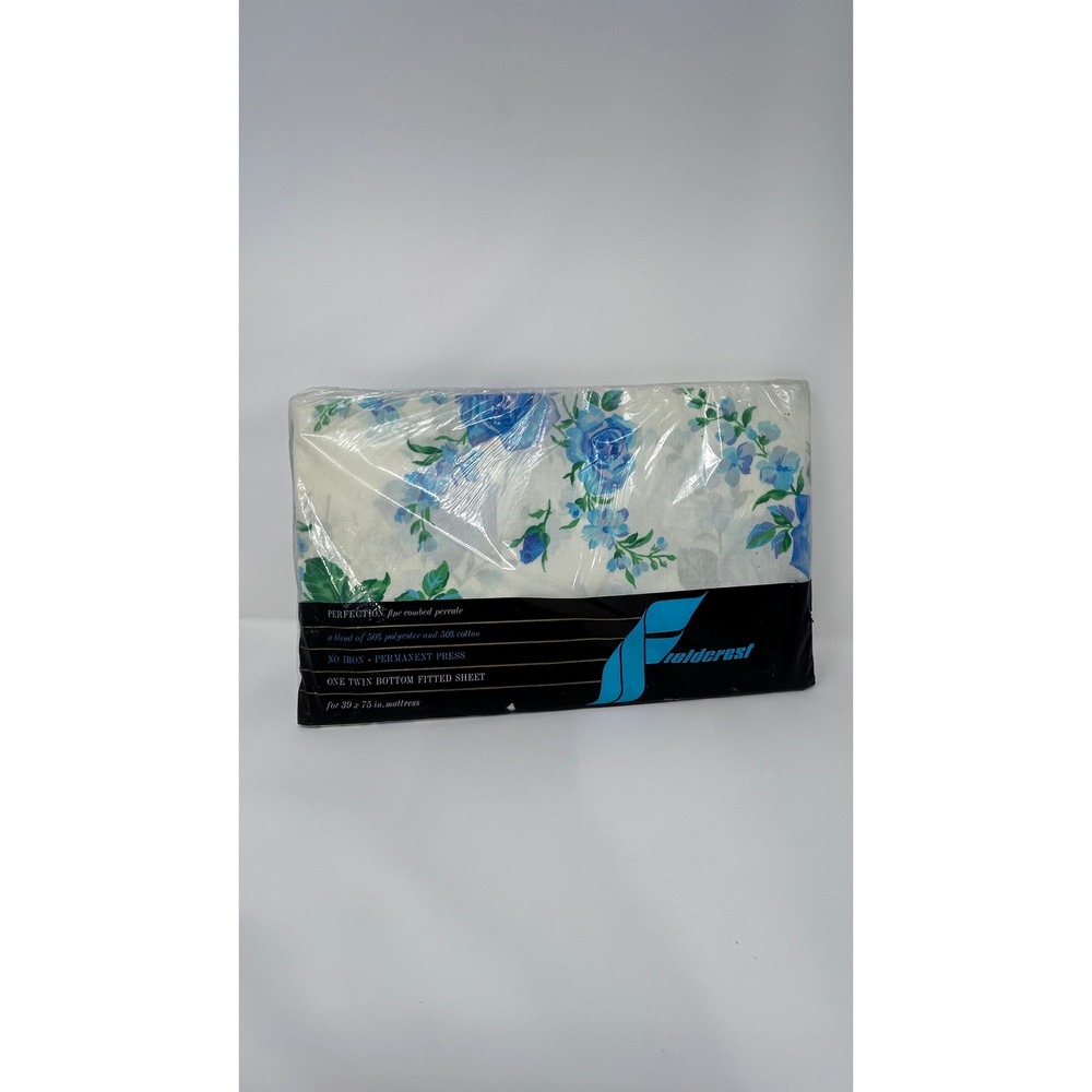 Fieldcrest Vintage Peace Rose‎ Blue Floral Twin Fitted Sheet Percale NOS Cottage